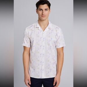 Bugatchi Shaped Fit Short Sleeve Button Front Shirt XXL White Multicolour Print